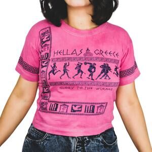 1990s Hellas Greece Hot Pink Crewneck Souvenir Graphic T-Shirt Extra Small